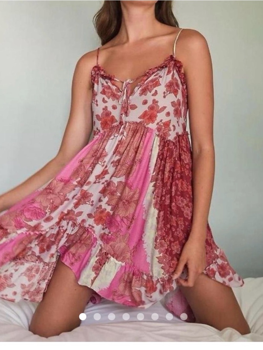 Free People Floral Patchwork Tie-Shoulder Midi Dress in Pink and Red